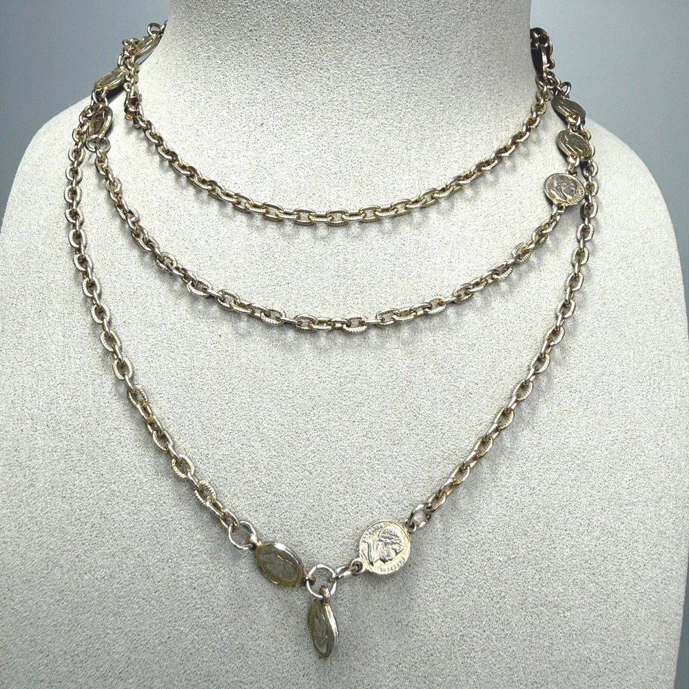 Vintage Faux Coin Necklace Two Tone 50" Long Flapper Layering